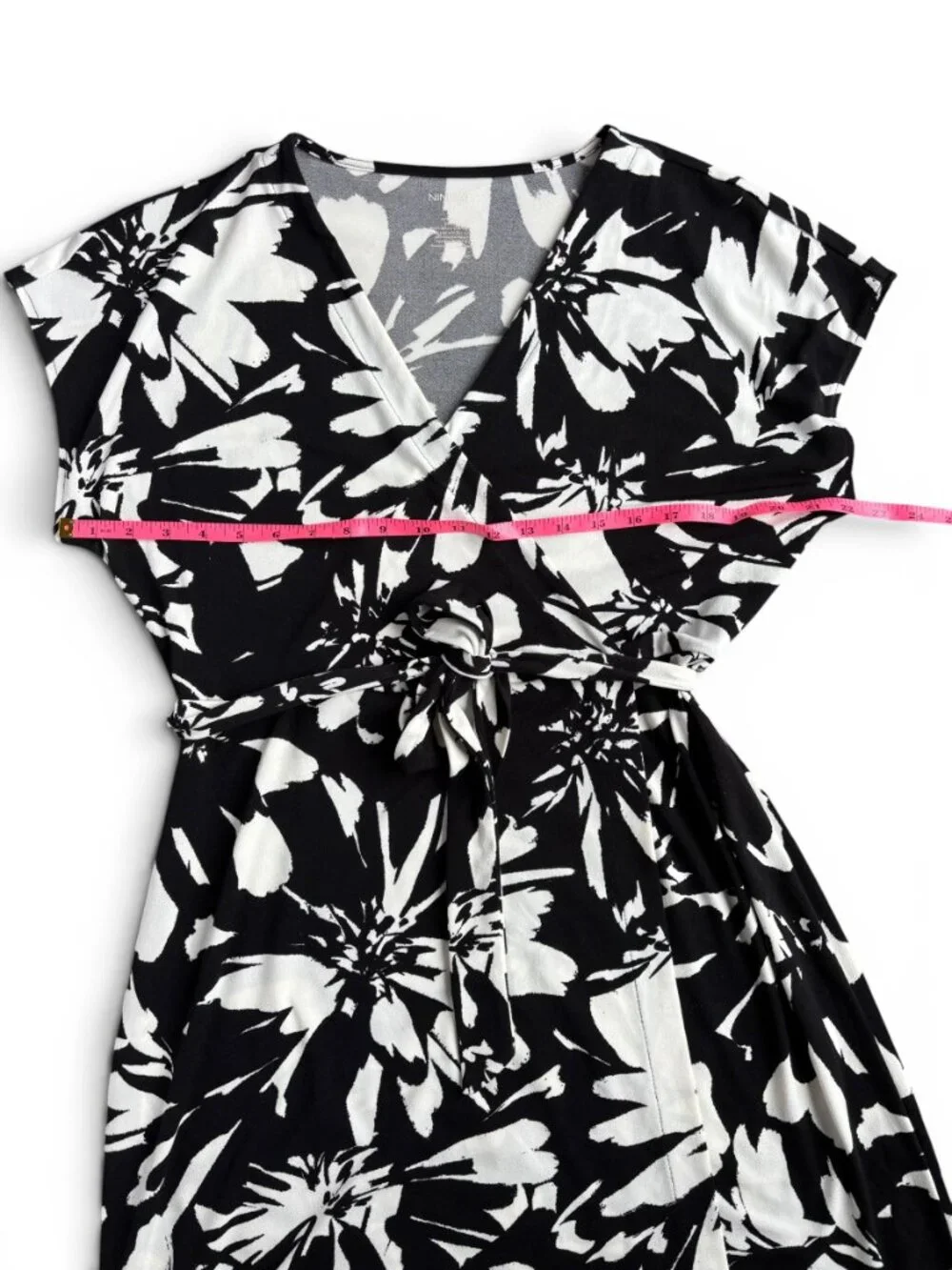 Nine West Black White Floral Faux Wrap Dress Belted Stretch Size L